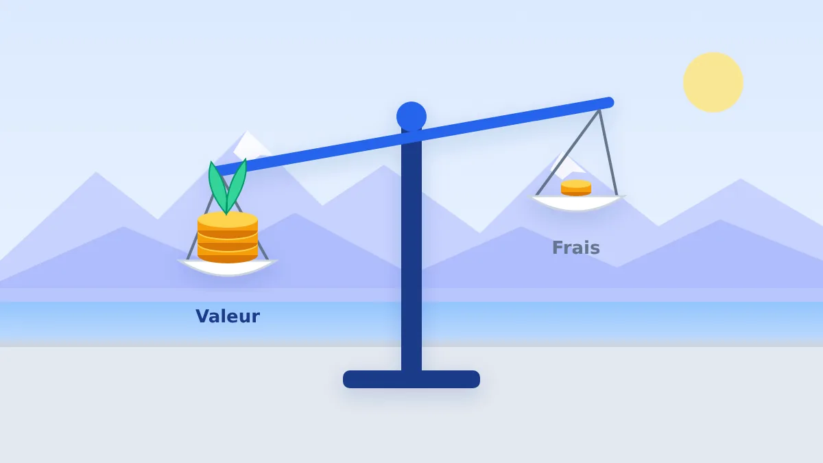 Illustration : une balance penche du côté de la valeur du conseil, face aux frais