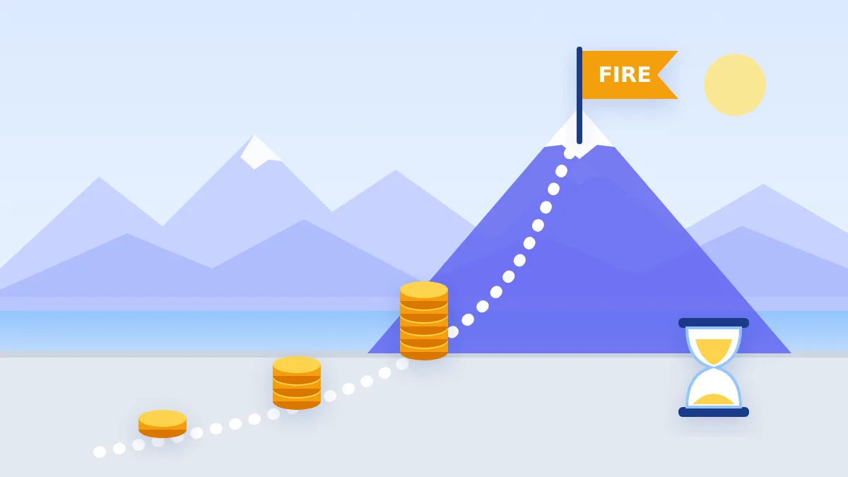 Illustration : un chemin de pièces mène au sommet d'une montagne marqué d'un drapeau FIRE, à côté d'un sablier