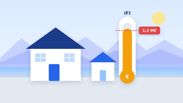 Illustration : une maison au bord du lac et une jauge qui atteint le seuil de 1,3 million d'euros de l'IFI
