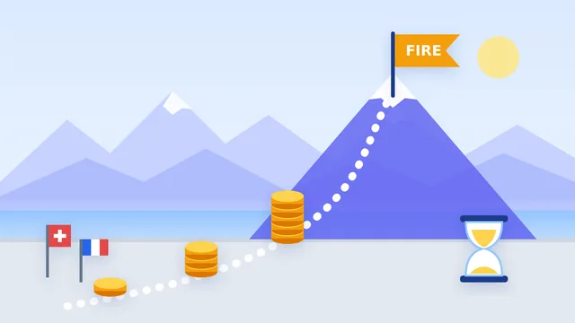 Illustration : un chemin de pièces part des drapeaux suisse et français et mène au sommet d'une montagne marqué d'un drapeau FIRE