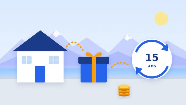 Illustration : une maison familiale, un cadeau et un badge 15 ans entouré de flèches qui symbolise le renouvellement des abattements